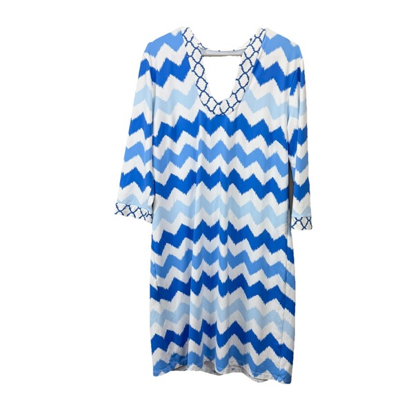 J McLaughlin Blue Chevron Catalina Cloth 3/4 Sleeve Shift‎ Dress Size XL - Picture 1 of 9